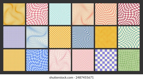 Groovy checkered pattern, colorful distorted tiled grid. Vintage wavy curved backdrop, distortion effect. Funky geometric chessboard texture, retro background in 90s style, y2k. Vector illustration