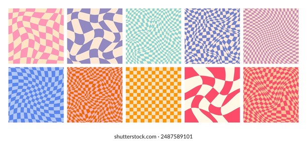 Groovy checkered pattern, colorful distorted tiled grid. Vintage wavy curved backdrop, distortion effect. Funky geometric chessboard texture, retro background in 90s style, y2k. Vector illustration