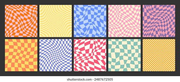 Groovy checkered pattern, colorful distorted tiled grid. Vintage wavy curved backdrop, distortion effect. Funky geometric chessboard texture, retro background in 90s style, y2k. Vector illustration