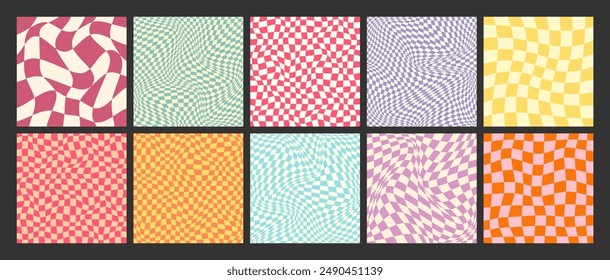 Groovy checkered pattern, colorful distorted tiled grid. Vintage wavy curved backdrop, distortion effect. Funky geometric chessboard texture, retro background in 90s style, y2k. Vector illustration