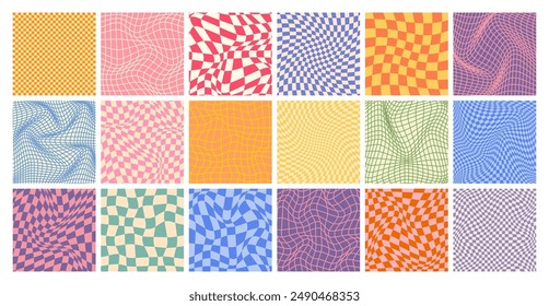 Groovy checkered pattern, colorful distorted tiled grid. Vintage wavy curved backdrop, distortion effect. Funky geometric chessboard texture, retro background in 90s style, y2k. Vector illustration