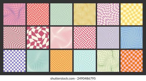 Groovy patrón a cuadros, colorida cuadrícula de azulejos distorsionada. Fondo curvo ondulado de Antiguas, efecto de distorsión. Funky textura geométrica de tablero de ajedrez, fondo retro en estilo de los años 90, y2k. Ilustración vectorial