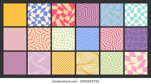 Groovy checkered pattern, colorful distorted tiled grid. Vintage wavy curved backdrop, distortion effect. Funky geometric chessboard texture, retro background in 90s style, y2k. Vector illustration