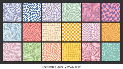Groovy checkered pattern, colorful distorted tiled grid. Vintage wavy curved backdrop, distortion effect. Funky geometric chessboard texture, retro background in 90s style, y2k. Vector illustration