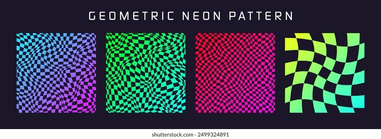 Groovy checkered pattern, colorful distorted tiled grid. Vintage wavy curved backdrop, distortion effect. Funky geometric chessboard texture, retro background in 90s style, y2k. Vector illustration