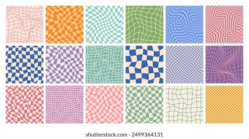 Groovy checkered pattern, colorful distorted tiled grid. Vintage wavy curved backdrop, distortion effect. Funky geometric chessboard texture, retro background in 90s style, y2k. Vector illustration