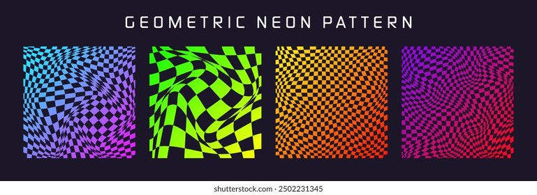 Groovy checkered pattern, colorful distorted tiled grid. Vintage wavy curved backdrop, distortion effect. Funky geometric chessboard texture, retro background in 90s style, y2k. Vector illustration
