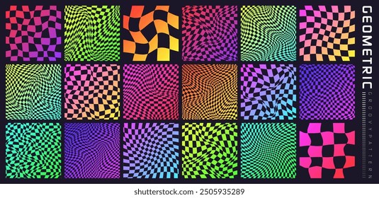 Groovy checkered pattern, colorful distorted tiled grid. Vintage wavy curved backdrop, distortion effect. Funky geometric chessboard texture, retro background in 90s style, y2k. Vector illustration