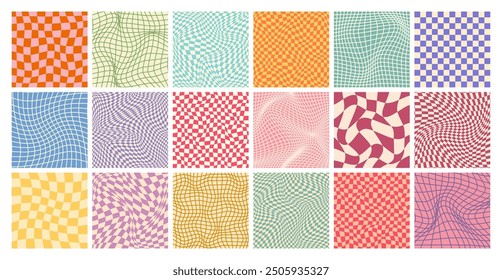 Groovy checkered pattern, colorful distorted tiled grid. Vintage wavy curved backdrop, distortion effect. Funky geometric chessboard texture, retro background in 90s style, y2k. Vector illustration