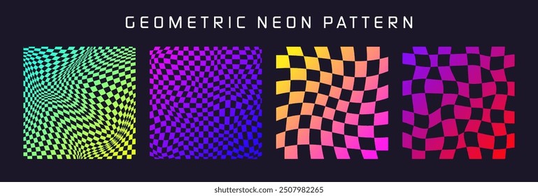 Groovy checkered pattern, colorful distorted tiled grid. Vintage wavy curved backdrop, distortion effect. Funky geometric chessboard texture, retro background in 90s style, y2k. Vector illustration