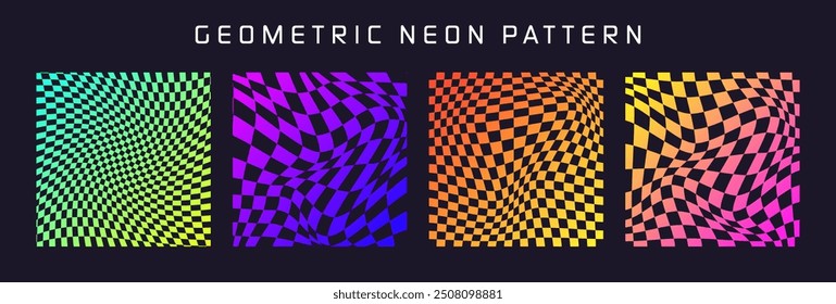 Groovy checkered pattern, colorful distorted tiled grid. Vintage wavy curved backdrop, distortion effect. Funky geometric chessboard texture, retro background in 90s style, y2k. Vector illustration