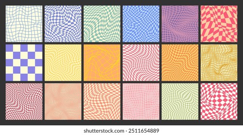 Groovy checkered pattern, colorful distorted tiled grid. Vintage wavy curved backdrop, distortion effect. Funky geometric chessboard texture, retro background in 90s style, y2k. Vector illustration