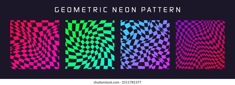 Groovy checkered pattern, colorful distorted tiled grid. Vintage wavy curved backdrop, distortion effect. Funky geometric chessboard texture, retro background in 90s style, y2k. Vector illustration