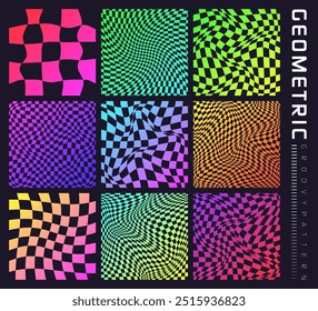 Groovy checkered pattern, colorful distorted tiled grid. Vintage wavy curved backdrop, distortion effect. Funky geometric chessboard texture, retro background in 90s style, y2k. Vector illustration