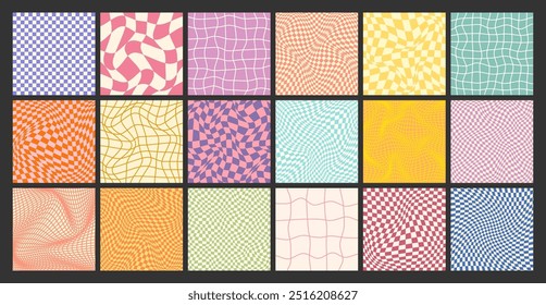 Groovy checkered pattern, colorful distorted tiled grid. Vintage wavy curved backdrop, distortion effect. Funky geometric chessboard texture, retro background in 90s style, y2k. Vector illustration