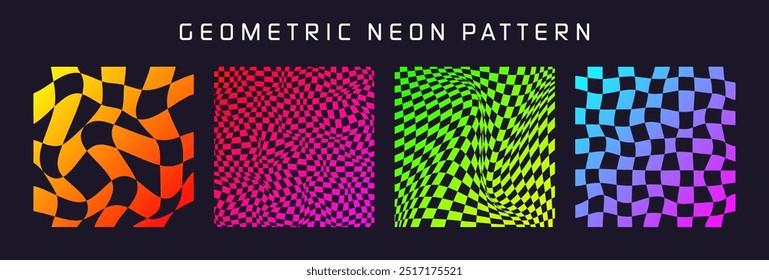 Groovy checkered pattern, colorful distorted tiled grid. Vintage wavy curved backdrop, distortion effect. Funky geometric chessboard texture, retro background in 90s style, y2k. Vector illustration