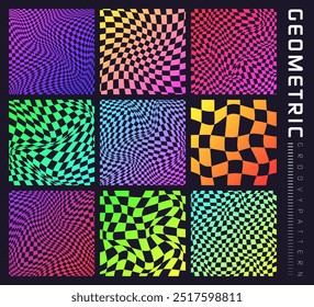 Groovy checkered pattern, colorful distorted tiled grid. Vintage wavy curved backdrop, distortion effect. Funky geometric chessboard texture, retro background in 90s style, y2k. Vector illustration