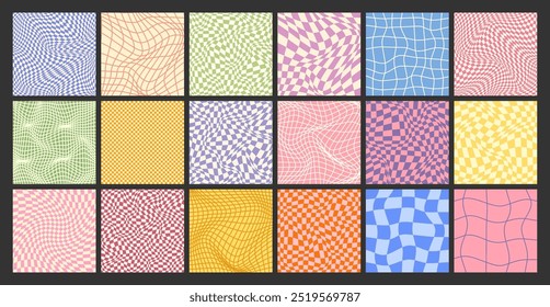 Patrón a cuadros Groovy, rejilla de azulejos distorsionada de colores. Fondo curvo ondulado de Antiguas, efecto de distorsión. Textura geométrica funky del tablero de ajedrez, fondo retro en estilo de los años 90, y2k. Ilustración vectorial