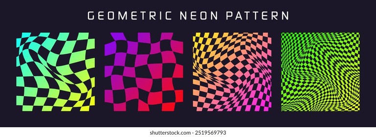 Groovy checkered pattern, colorful distorted tiled grid. Vintage wavy curved backdrop, distortion effect. Funky geometric chessboard texture, retro background in 90s style, y2k. Vector illustration