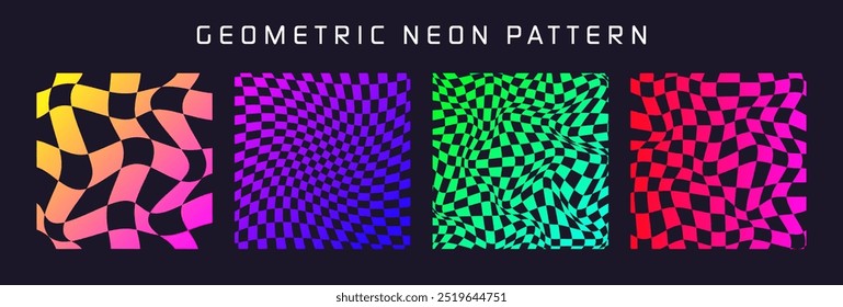 Groovy checkered pattern, colorful distorted tiled grid. Vintage wavy curved backdrop, distortion effect. Funky geometric chessboard texture, retro background in 90s style, y2k. Vector illustration