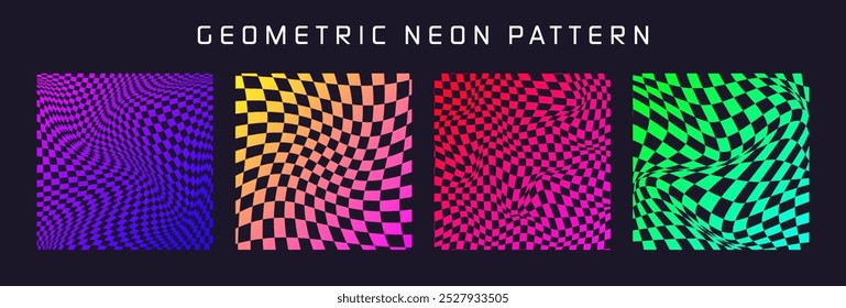 Groovy checkered pattern, colorful distorted tiled grid. Vintage wavy curved backdrop, distortion effect. Funky geometric chessboard texture, retro background in 90s style, y2k. Vector illustration