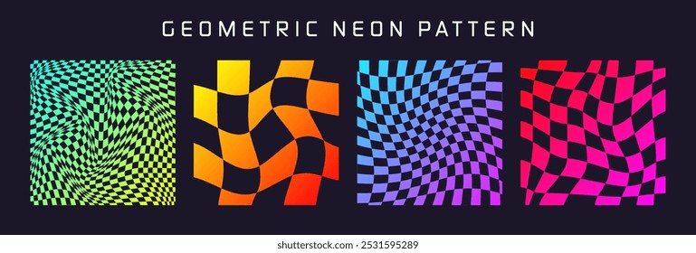 Groovy checkered pattern, colorful distorted tiled grid. Vintage wavy curved backdrop, distortion effect. Funky geometric chessboard texture, retro background in 90s style, y2k. Vector illustration