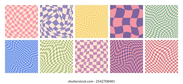 Groovy checkered pattern, colorful distorted tiled grid. Vintage wavy curved backdrop, distortion effect. Funky geometric chessboard texture, retro background in 90s style, y2k. Vector illustration