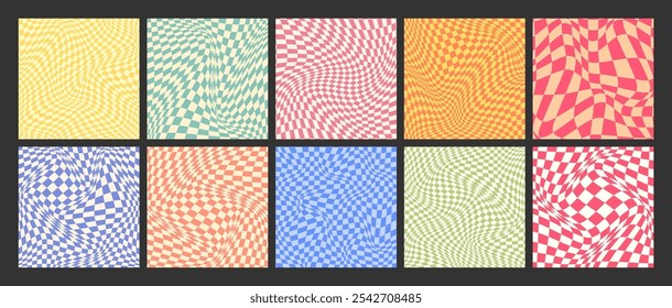 Groovy padrão quadriculado, grade de azulejos coloridos distorcidos. Fundo ondulado curvo vintage, efeito de distorção. Textura geométrica funky do tabuleiro de xadrez, fundo retro no estilo dos anos 90, y2k. Ilustração vetorial