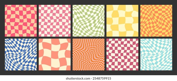 Groovy checkered pattern, colorful distorted tiled grid. Vintage wavy curved backdrop, distortion effect. Funky geometric chessboard texture, retro background in 90s style, y2k. Vector illustration