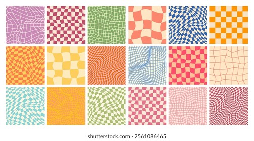 Groovy checkered pattern, colorful distorted tiled grid. Vintage wavy curved backdrop, distortion effect. Funky geometric chessboard texture, retro background in 90s style, y2k. Vector illustration