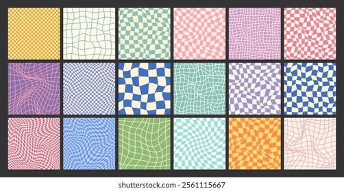 Groovy checkered pattern, colorful distorted tiled grid. Vintage wavy curved backdrop, distortion effect. Funky geometric chessboard texture, retro background in 90s style, y2k. Vector illustration