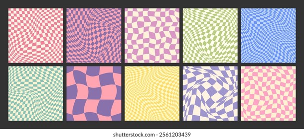 Groovy checkered pattern, colorful distorted tiled grid. Vintage wavy curved backdrop, distortion effect. Funky geometric chessboard texture, retro background in 90s style, y2k. Vector illustration