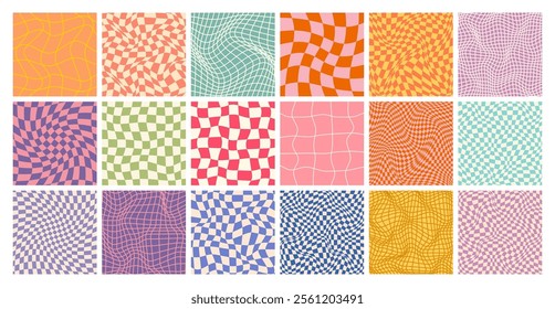 Groovy checkered pattern, colorful distorted tiled grid. Vintage wavy curved backdrop, distortion effect. Funky geometric chessboard texture, retro background in 90s style, y2k. Vector illustration