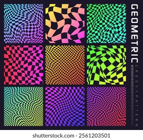 Groovy checkered pattern, colorful distorted tiled grid. Vintage wavy curved backdrop, distortion effect. Funky geometric chessboard texture, retro background in 90s style, y2k. Vector illustration