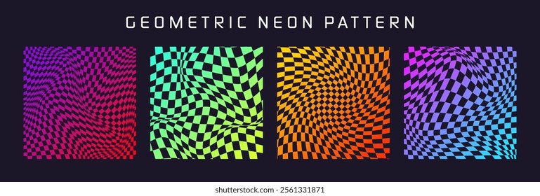 Groovy checkered pattern, colorful distorted tiled grid. Vintage wavy curved backdrop, distortion effect. Funky geometric chessboard texture, retro background in 90s style, y2k. Vector illustration