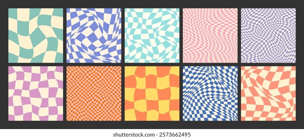 Groovy checkered pattern, colorful distorted tiled grid. Vintage wavy curved backdrop, distortion effect. Funky geometric chessboard texture, retro background in 90s style, y2k. Vector illustration