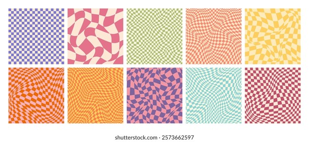 Groovy checkered pattern, colorful distorted tiled grid. Vintage wavy curved backdrop, distortion effect. Funky geometric chessboard texture, retro background in 90s style, y2k. Vector illustration