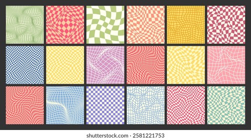 Groovy checkered pattern, colorful distorted tiled grid. Vintage wavy curved backdrop, distortion effect. Funky geometric chessboard texture, retro background in 90s style, y2k. Vector illustration