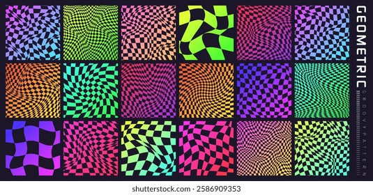 Groovy checkered pattern, colorful distorted tiled grid. Vintage wavy curved backdrop, distortion effect. Funky geometric chessboard texture, retro background in 90s style, y2k. Vector illustration