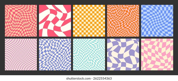 Groovy checkered pattern, colorful distorted tiled grid. Vintage wavy curved backdrop, distortion effect. Funky geometric chessboard texture, retro background in 90s style, y2k. Vector illustration