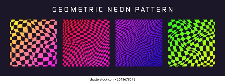 Groovy checkered pattern, colorful distorted tiled grid. Vintage wavy curved backdrop, distortion effect. Funky geometric chessboard texture, retro background in 90s style, y2k. Vector illustration