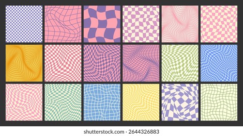 Groovy checkered pattern, colorful distorted tiled grid. Vintage wavy curved backdrop, distortion effect. Funky geometric chessboard texture, retro background in 90s style, y2k. Vector illustration