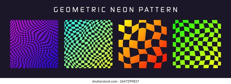 Groovy checkered pattern, colorful distorted tiled grid. Vintage wavy curved backdrop, distortion effect. Funky geometric chessboard texture, retro background in 90s style, y2k. Vector illustration