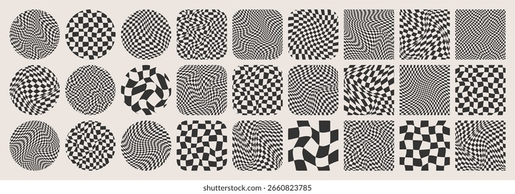 Groovy checkered pattern, colorful tiled grid. Vintage wavy curved backdrop, distortion effect. Funky geometric chessboard texture, retro background in 90s style, y2k. Vector illustration