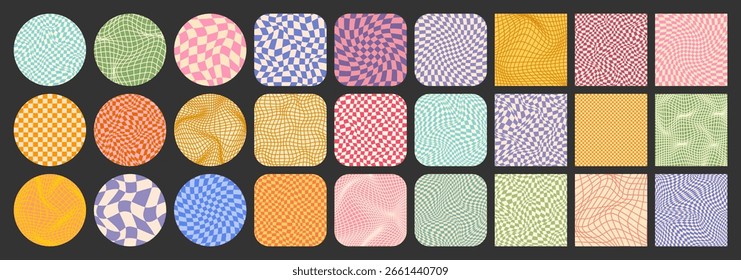 Groovy checkered pattern, colorful tiled grid. Vintage wavy curved backdrop, distortion effect. Funky geometric chessboard texture, retro background in 90s style, y2k. Vector illustration