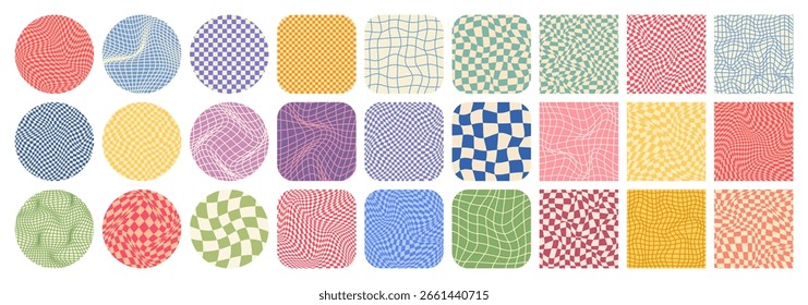 Groovy kariertes Muster, bunte geflieste Gitter. Vintage gewellte Kulisse, Verzerrungseffekt. Funky geometrische Schachbrettstruktur, Retro-Hintergrund im 90er-Jahre-Stil, y2k. Vektorgrafik