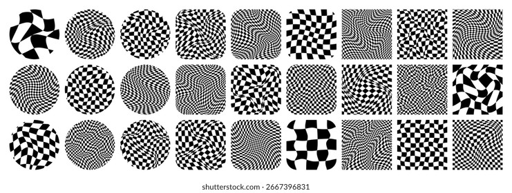 Groovy patrón a cuadros, rejilla de azulejos de colores. Fondo curvo ondulado de Antiguas, efecto de distorsión. Textura geométrica funky del tablero de ajedrez, fondo retro en estilo de los años 90, y2k. Ilustración vectorial