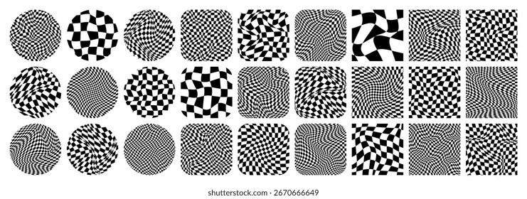 Groovy checkered pattern, colorful tiled grid. Vintage wavy curved backdrop, distortion effect. Funky geometric chessboard texture, retro background in 90s style, y2k. Vector illustration