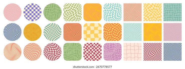 Groovy checkered pattern, colorful tiled grid. Vintage wavy curved backdrop, distortion effect. Funky geometric chessboard texture, retro background in 90s style, y2k. Vector illustration
