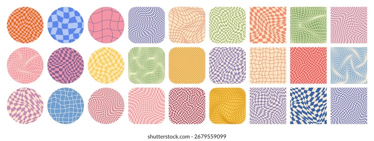Groovy padrão quadriculado, grade de azulejos coloridos. Fundo ondulado curvo vintage, efeito de distorção. Textura geométrica funky do tabuleiro de xadrez, fundo retro no estilo dos anos 90, y2k. Ilustração vetorial